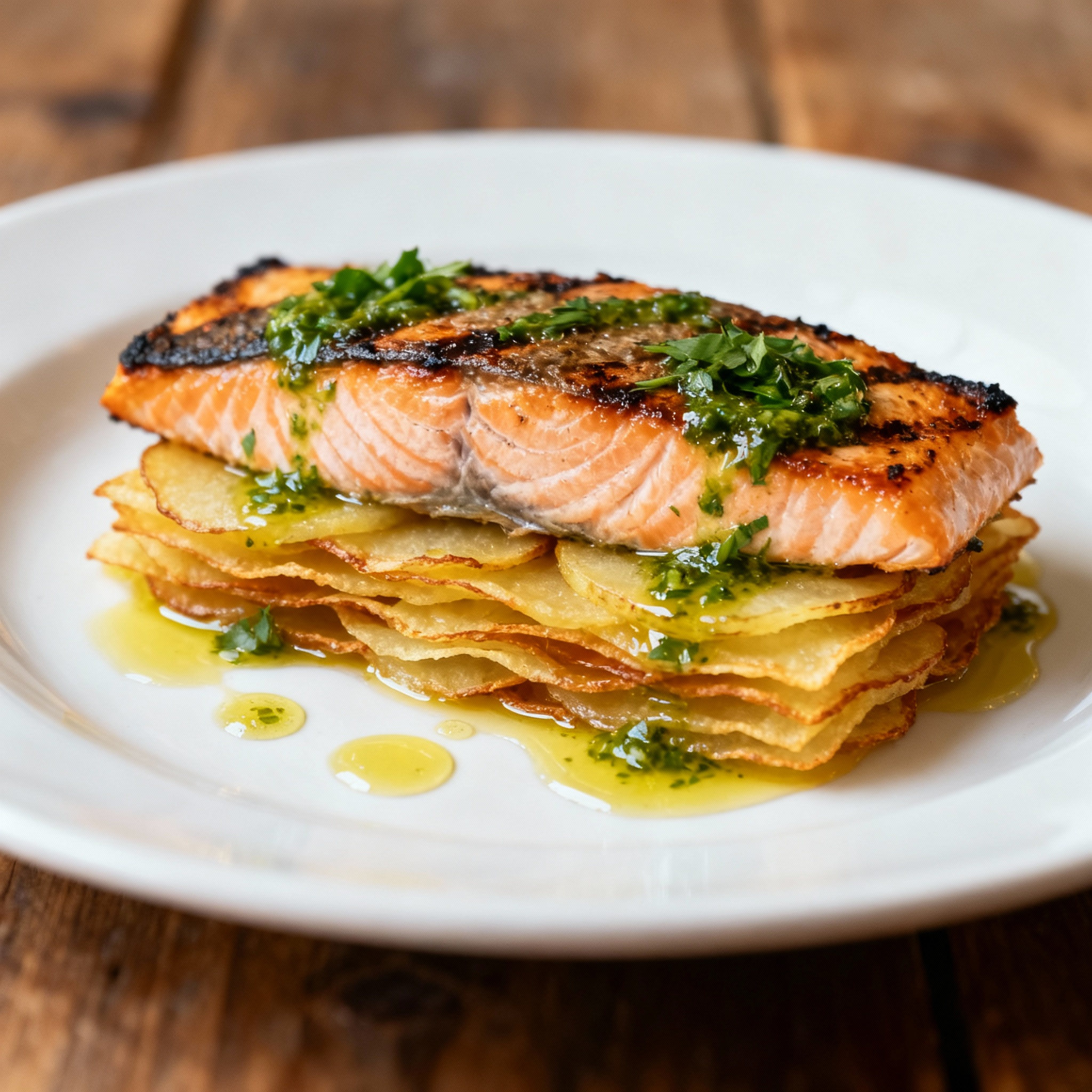 Salmone con Millefoglie di Patate e Salsa alle Erbe